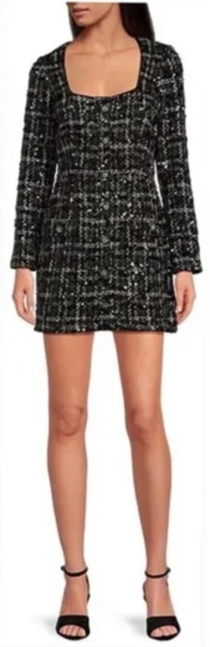 Gianni Bini Lissy Tweed Mini Dress Long Sleeve Black Sequin Preppy US 4 NWT